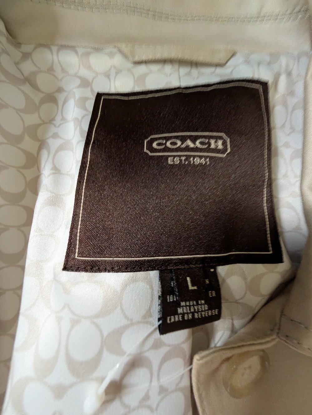 Coach Trench Coat L Cream Signature Lining Classic Quiet Luxury *Flaws* Scarf - Picture 4 of 16